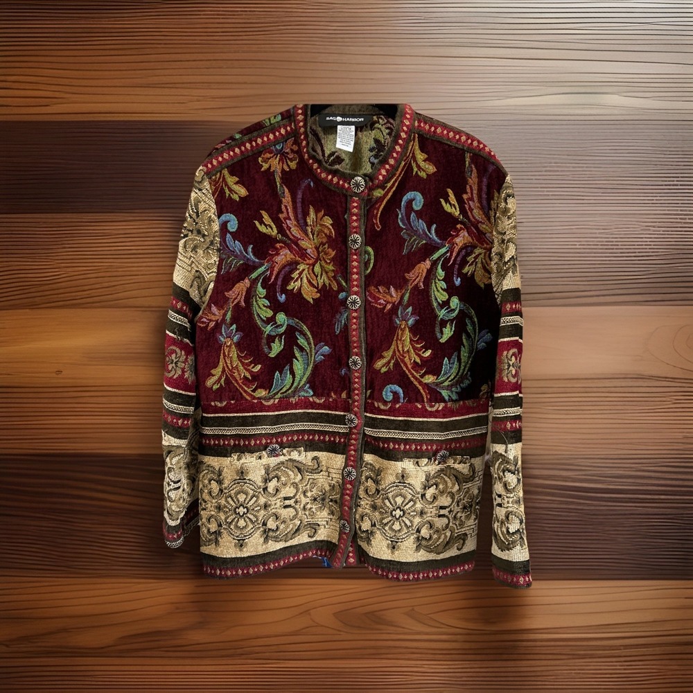 Vintage Sag Harbor Jacket Womens Sz 18 Tapestry Floral Boho Artsy Brocade‎ Flaws